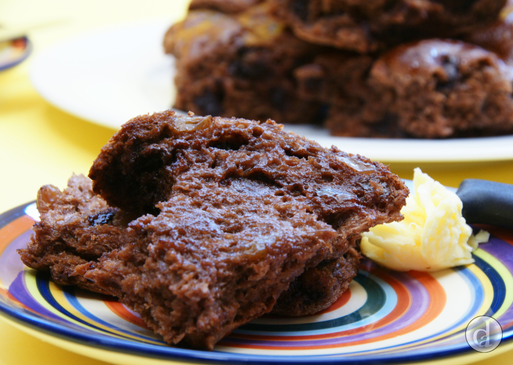 Hot chocolate & sultana hot cross bun